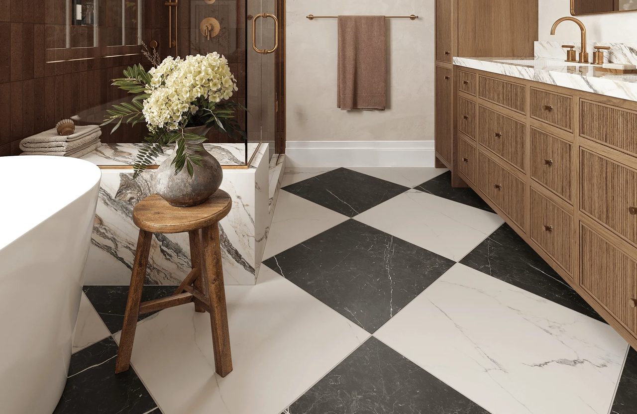 Black and white tile flooring in a bathroom